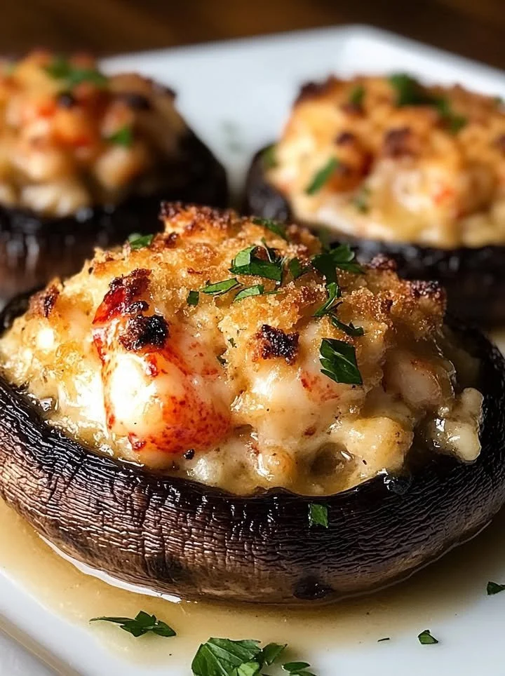 Delicious lobster-stuffed portobello mushrooms ready for a cozy night in.