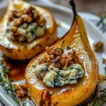 Elegant blue cheese stuffed pears garnished for presentation