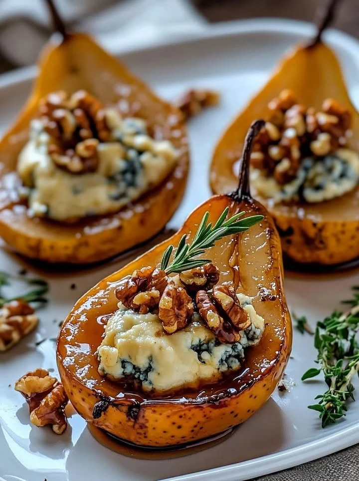 Elegant blue cheese stuffed pears served on a platter