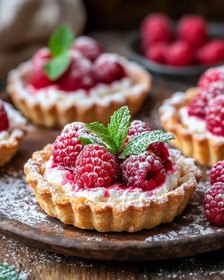 Elegant raspberry goat cheese tarts served on a stylish platter.