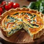 Elegant ricotta and spinach quiche garnished with herbs, served on a white plate.