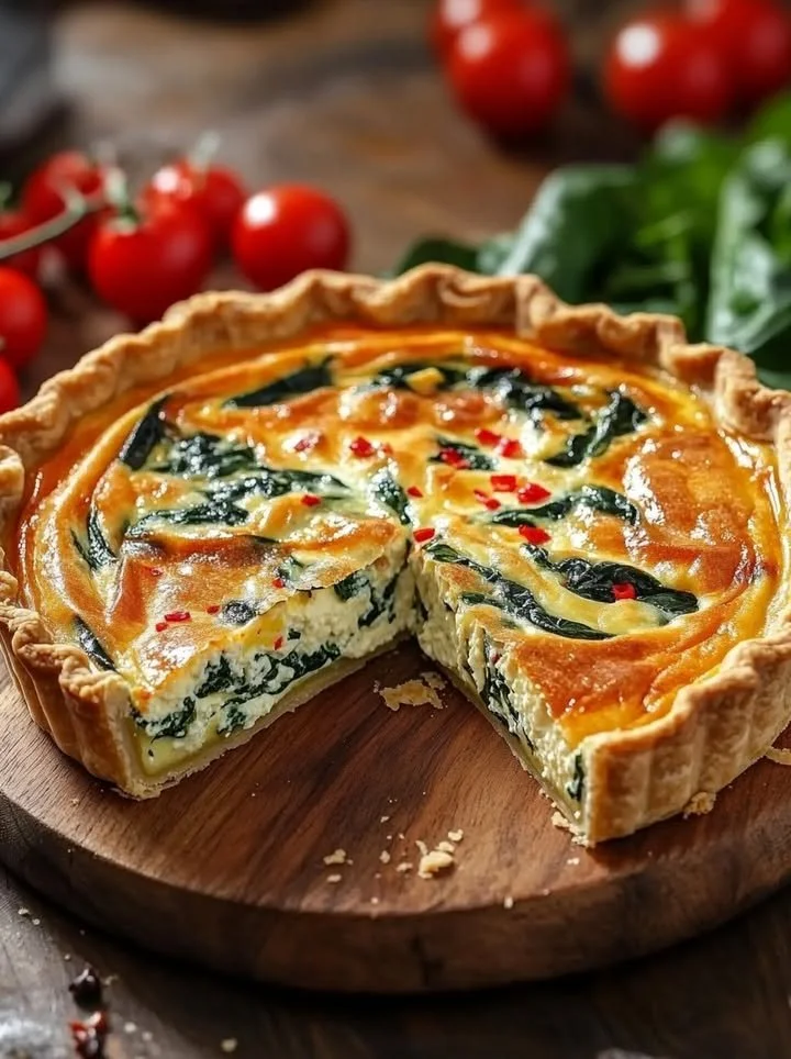 Elegant ricotta and spinach quiche garnished with herbs, served on a white plate.
