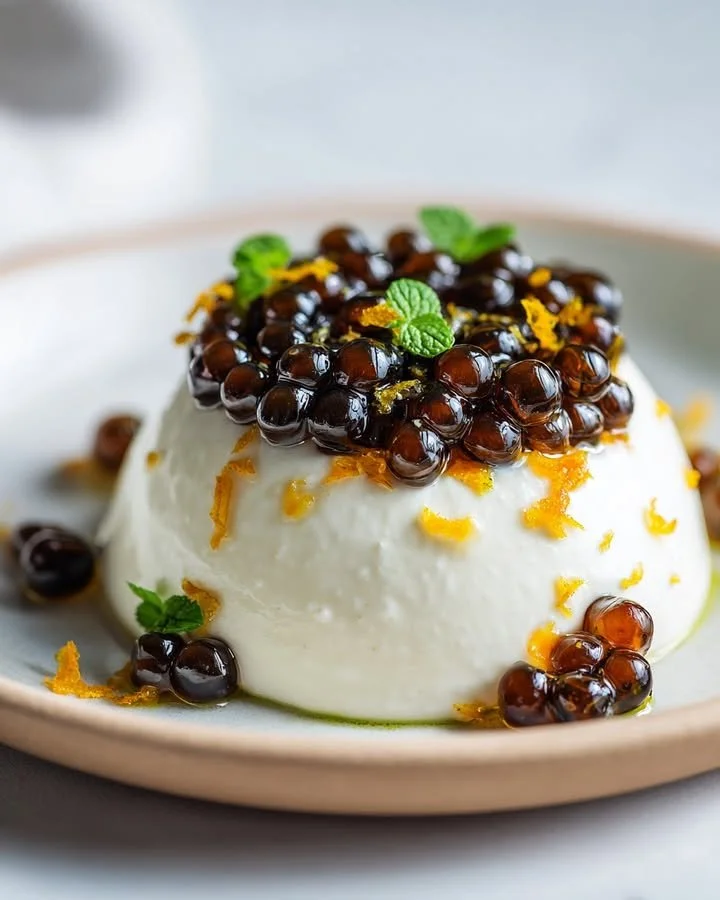 Espresso Pearls served on whipped mascarpone topped with orange zest
