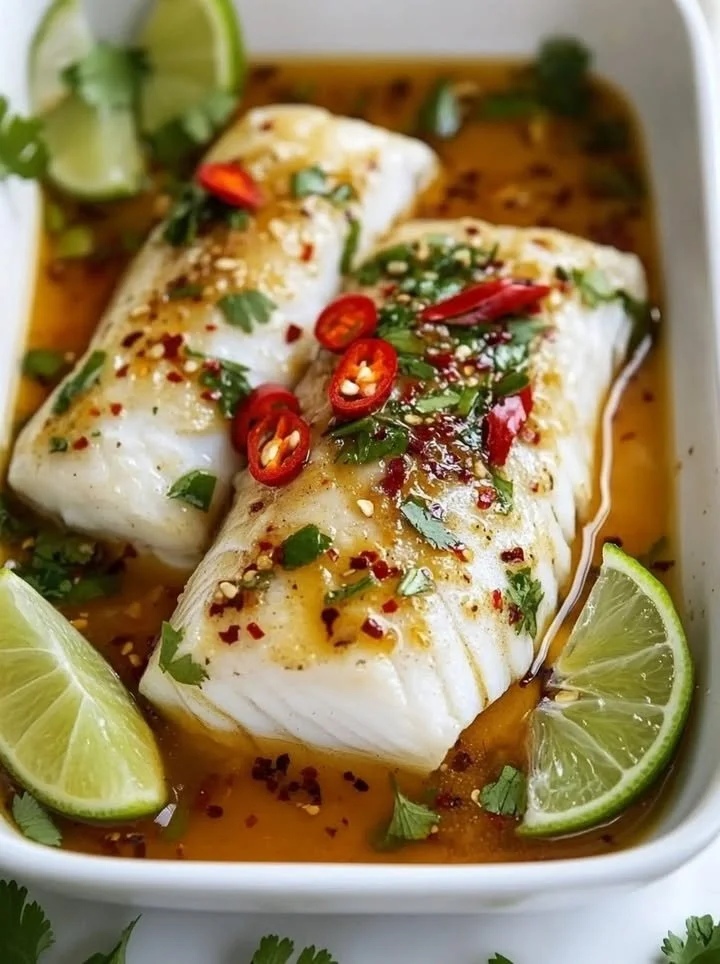 Exotic steamed fish with ginger and lime on a plate garnished with fresh herbs