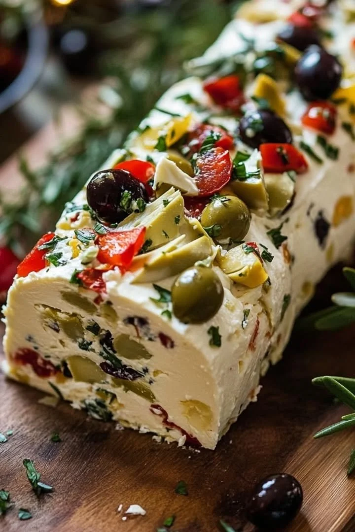 Festive holiday antipasto cream cheese log with colorful toppings and herbs.