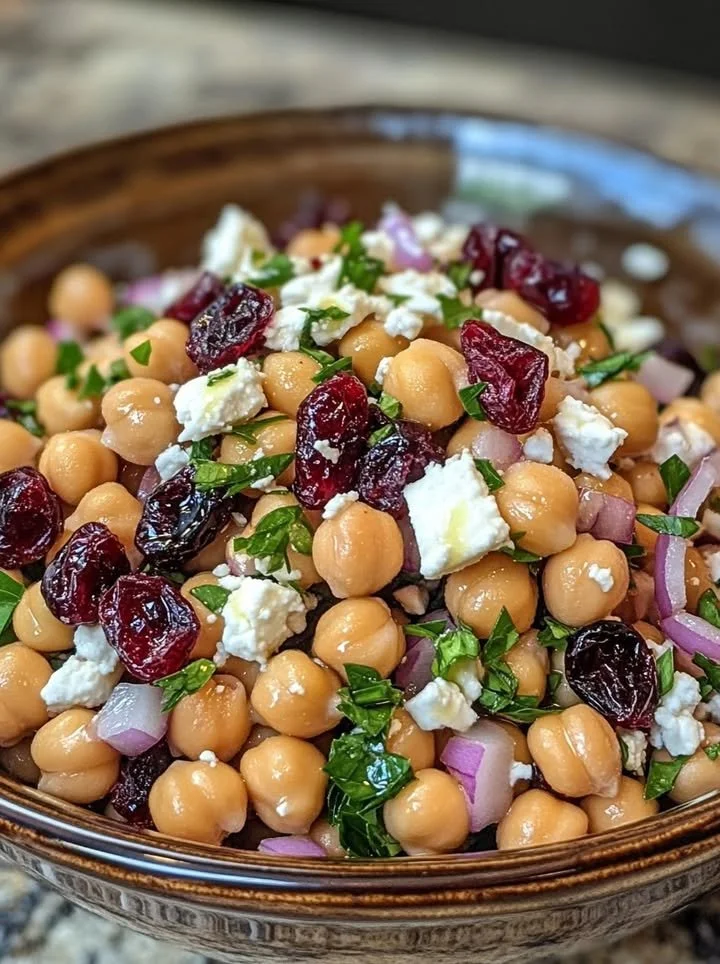 Feta and Cranberry Chickpeas salad drizzled with Lemon Vinaigrette