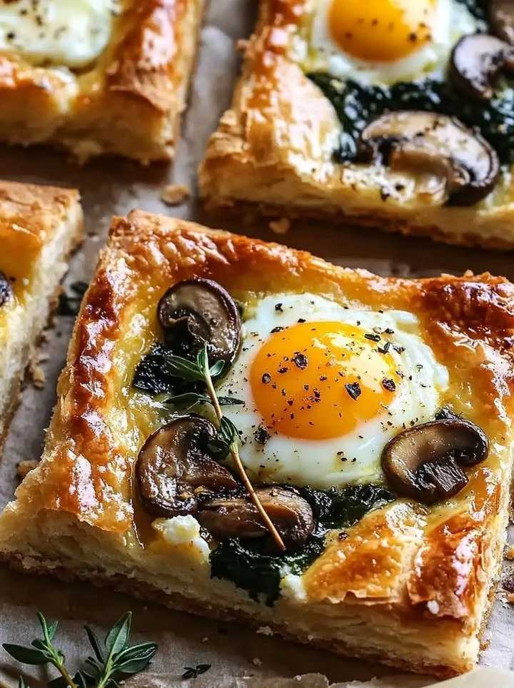 Feta Mushroom Squares served on a platter with fresh herbs
