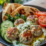 Feta-stuffed chicken meatballs with tzatziki sauce drizzled on a plate.