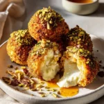Feta-stuffed sweet potato bombs garnished with pistachio crunch on a plate