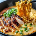 Bowl of fiery chicken ramen with creamy garlic sauce and colorful veggies
