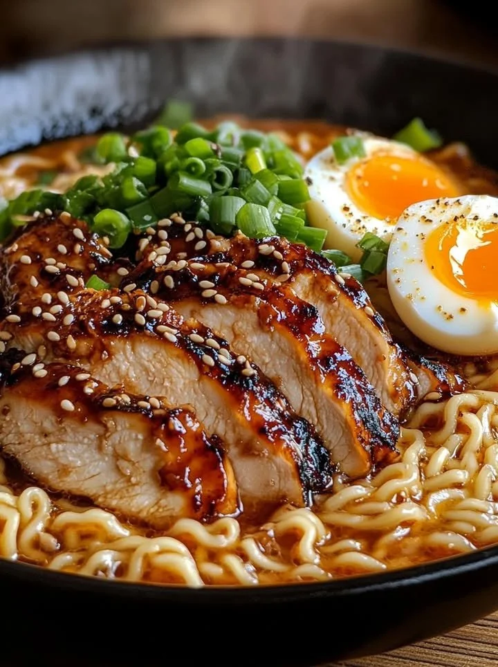Fiery chicken ramen dish with creamy garlic sauce and fresh toppings.