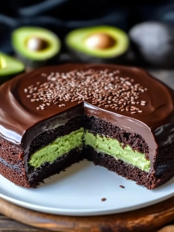 Delicious Flaxseed Chocolate Avocado Cake topped with chocolate glaze