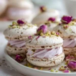 Floral pistachio meringue sandwiches with whipped rose cream on a platter