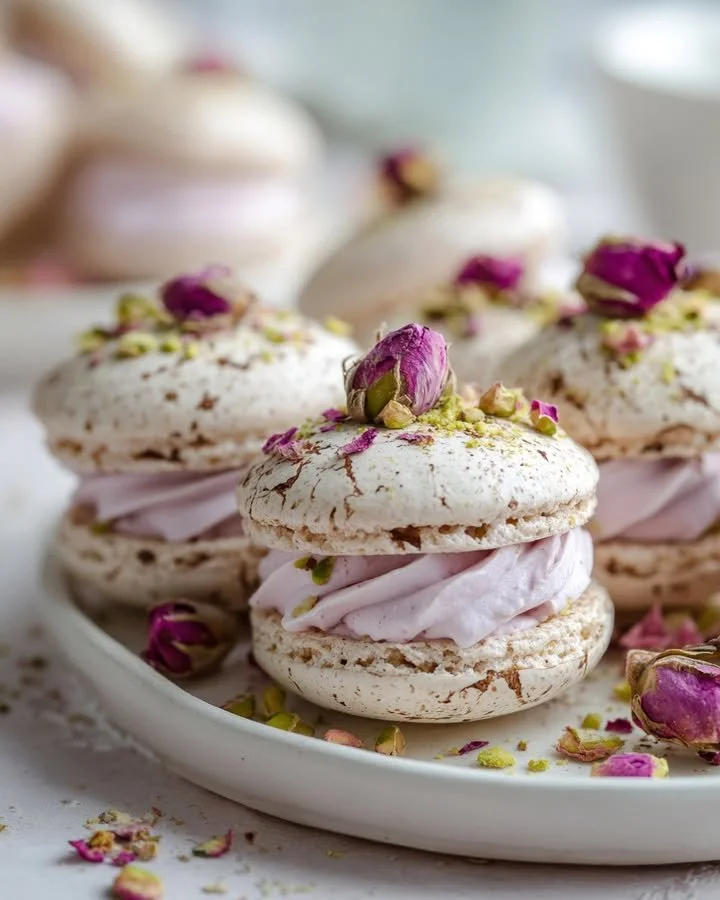 Floral pistachio meringue sandwiches with whipped rose cream on a platter