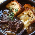 Bowl of French onion beef short rib soup garnished with cheese and herbs