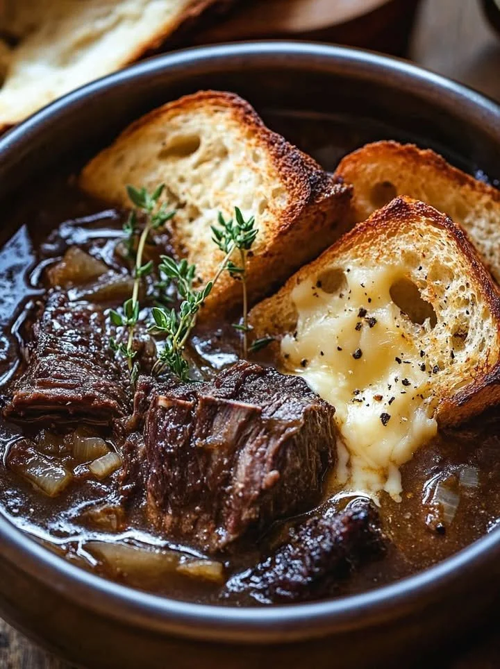 Bowl of French onion beef short rib soup garnished with cheese and herbs