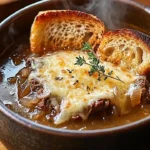 Bowl of French onion beef short rib soup topped with melted cheese and herbs