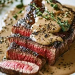 French seared steak served with a rich cognac cream sauce