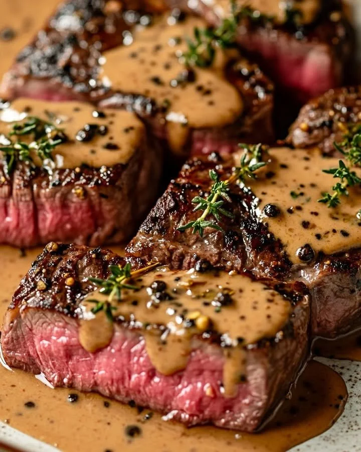 Delicious French seared steak topped with cognac cream sauce on a plate