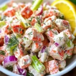 Fresh and zesty imitation crab salad served in a bowl with colorful vegetables