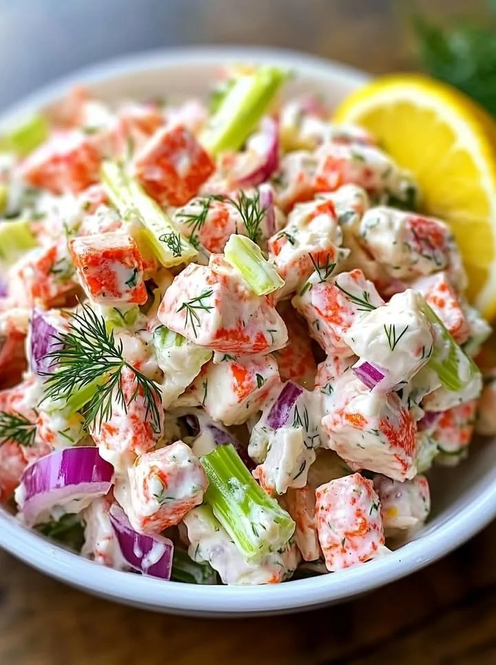 Fresh and zesty imitation crab salad served in a bowl with colorful vegetables