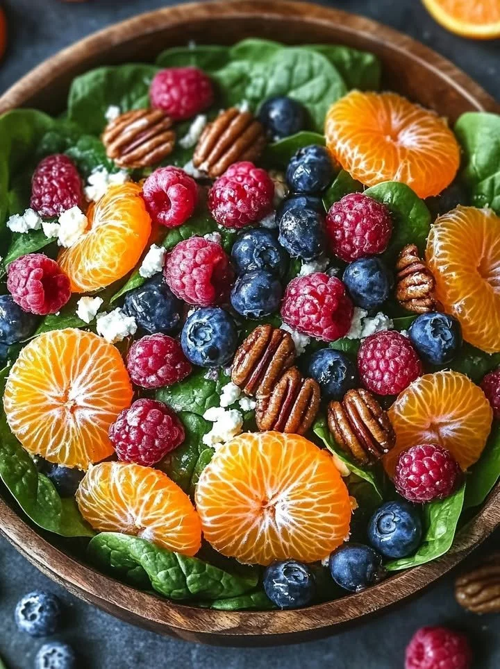 Fresh salad with spinach, blueberries, raspberries, mandarin oranges, pecans, and feta.