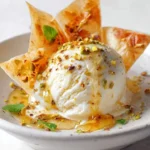 Feta honey ice cream with crispy phyllo shards topped with honey drizzle