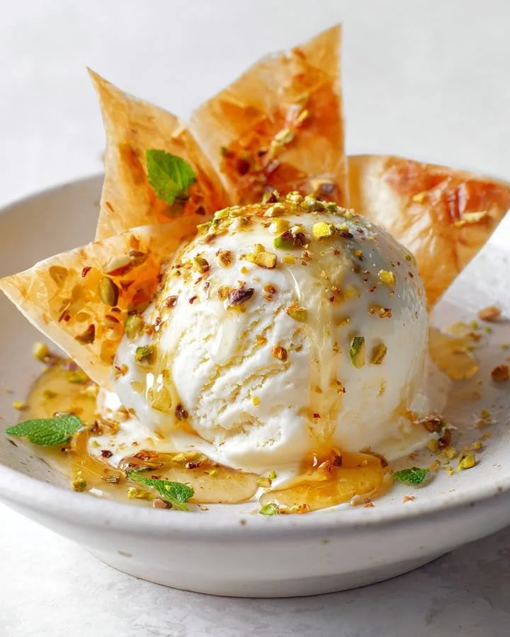 Feta honey ice cream with crispy phyllo shards topped with honey drizzle