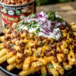 Delicious fully loaded chili cheese fries topped with cheese and chili