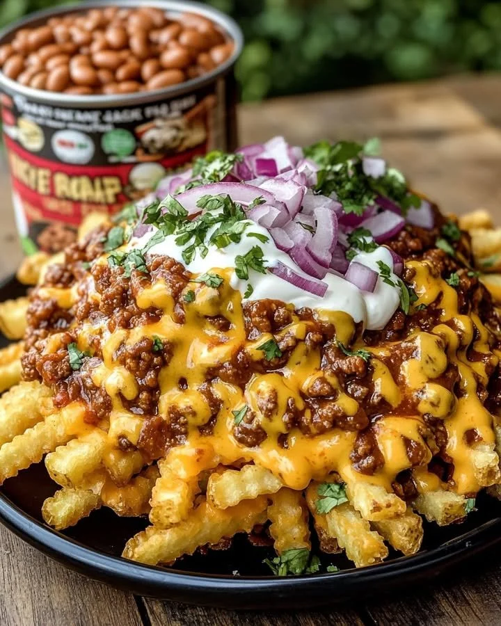 Delicious fully loaded chili cheese fries topped with cheese and chili
