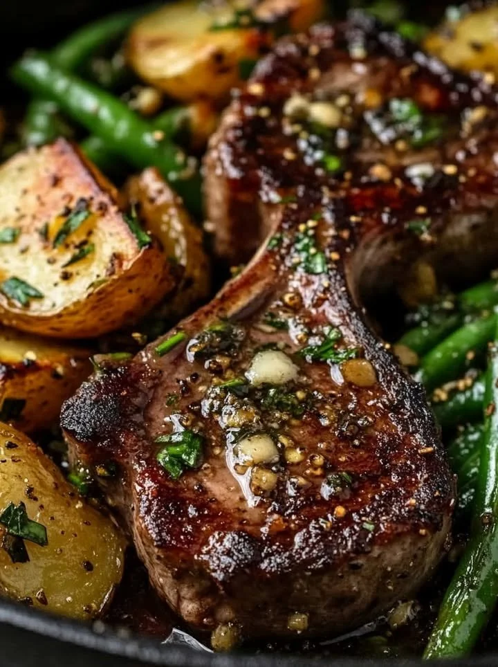 Delicious Garlic Butter Lamb Chops served on a plate with herbs.