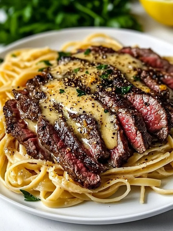 Garlic butter steak served with lightning noodles, a delicious gourmet dish