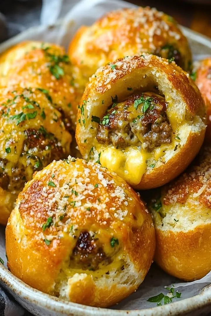 Garlic Parmesan Cheeseburger Bombs served on a plate with fresh toppings