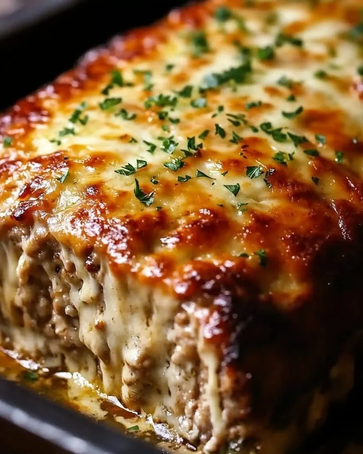 Garlic Parmesan Chicken Meatloaf served with herbs and garnishes
