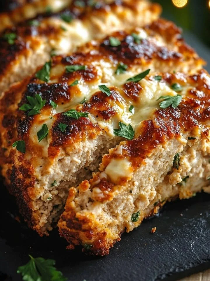 Delicious Garlic Parmesan Chicken Meatloaf served on a plate