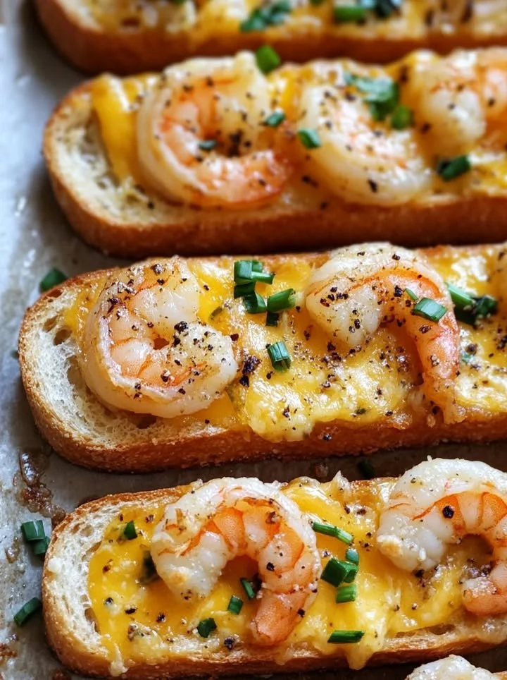 Garlicky shrimp ciabatta sandwich topped with melted cheddar jack cheese