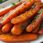 Plate of glazed carrots with honey and herbs, a colorful and tasty vegetable side dish.