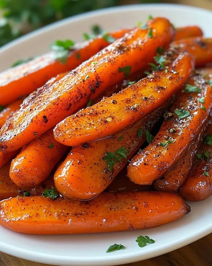 Plate of glazed carrots with honey and herbs, a colorful and tasty vegetable side dish.