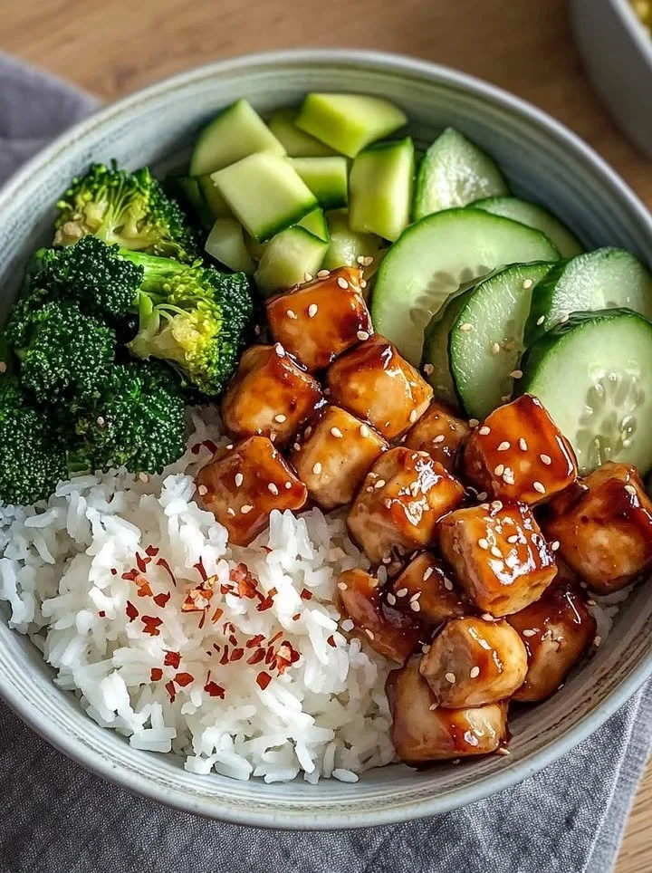 Glazed chicken rice bowl with broccoli and cucumber on a plate