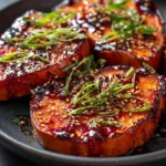 Gochujang and maple glazed sweet potato steaks served on a plate.