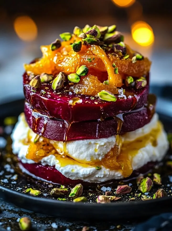 Golden Beet and Burrata Stacks with Pistachio and Citrus Zest