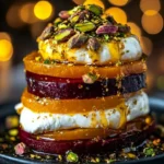 Golden beet burrata stacks with pistachio and citrus zest on a plate
