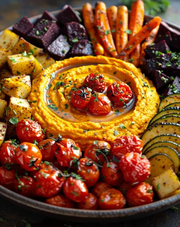 Bowl of roasted carrot-ginger dip served with assorted fresh veggies