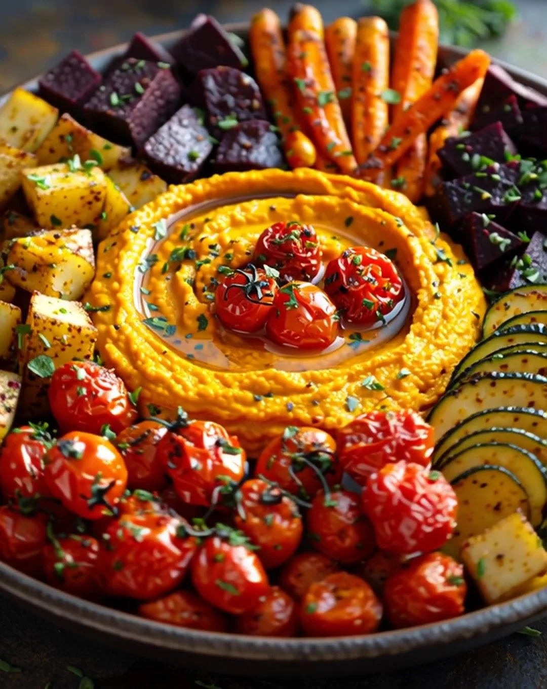 Bowl of roasted carrot-ginger dip served with assorted fresh veggies