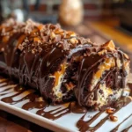 Gooey Chocolate Caramel Turtle Cake Roll topped with chocolate and caramel drizzle