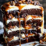 Gooey chocolate caramel turtle layer cake with rich chocolate and caramel topping