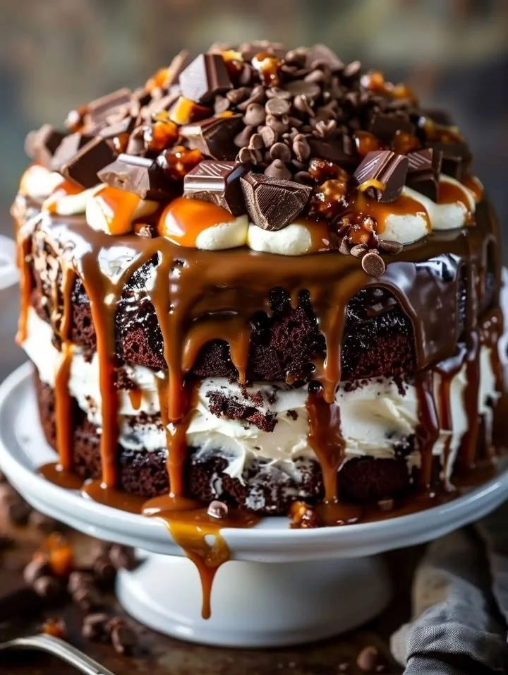 Gooey chocolate caramel turtle layer cake with rich chocolate and caramel toppings