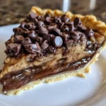Gooey chocolate chip pie topped with melted chocolate chips and a golden crust.