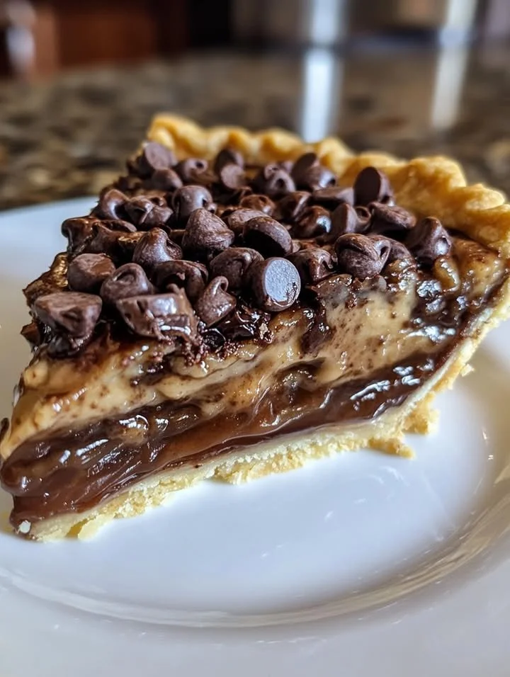 Gooey chocolate chip pie topped with melted chocolate chips and a golden crust.