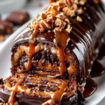 Gooey chocolate hazelnut caramel cake roll on a white plate